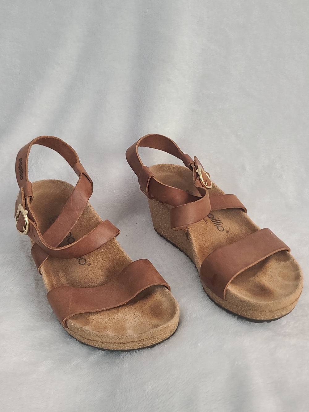 Papillio Sz 7.5 Brown Sibyl Leather Strappy Sandals Ankle Strap Buckle Wedge